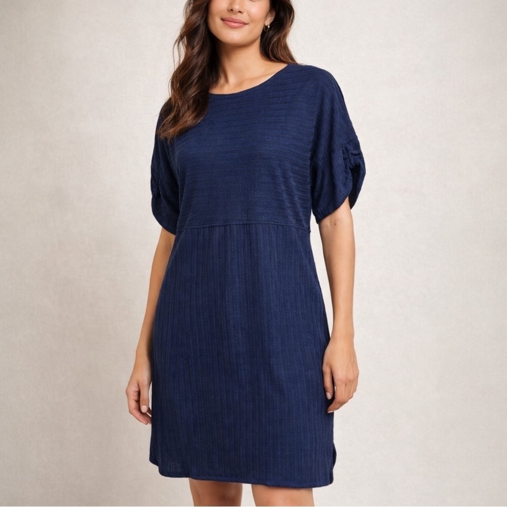 Max Studio Navy Textured Knit Dress Medium Boho Casual Ribbed Tunic NWT MSRP $98 - Picture 1 of 11